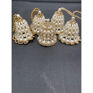 Vintage Bead Bells Set of 5 Christmas Ornament Gold Pearl Faux Beads Shabby